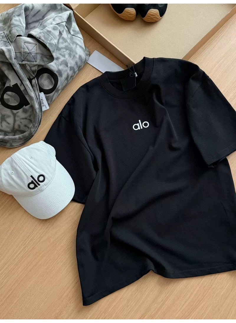 ALO Loose T-shirt-Round Neck Short Sleeve-Summer Short Sleeve (Black) - Image 1